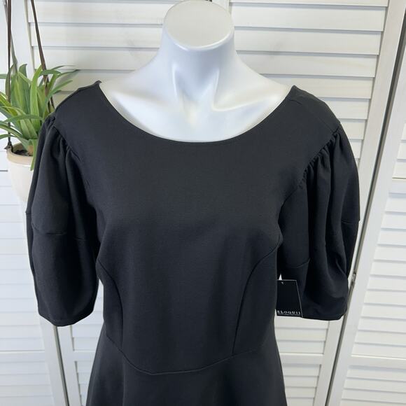 New Eloquii Black Puff Sleeve Peplum Blouse Top Scuba Ponte Back Zip Size 16 - Picture 4 of 12